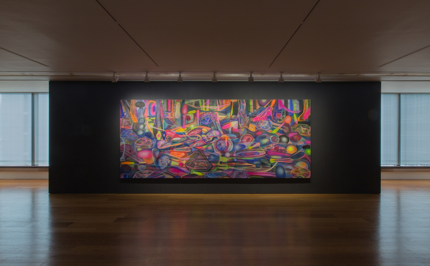 Installation view of HUANG YUXING, New Order Hurtling Down the Proletariat, 2015–16, acrylic on canvas, 215 × 518 cm. Courtesy Galerie Perrotin, Hong Kong.