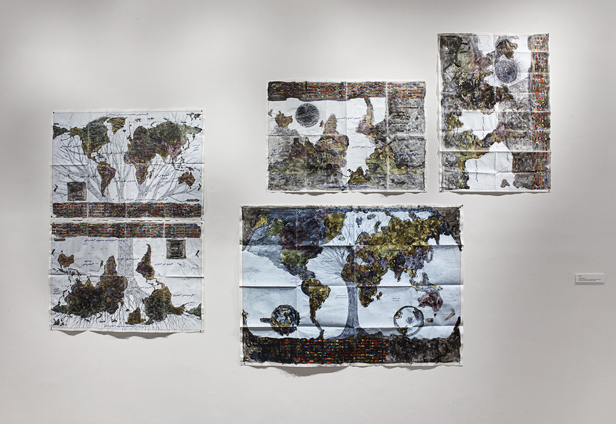 GHAZEL, Dyslexia, 2015–17, acrylic and ballpoint pen on printed Iranian world maps, dimensions variable. Photo by Martin Parsekian. Courtesy International Studio & Curatorial Program, New York.