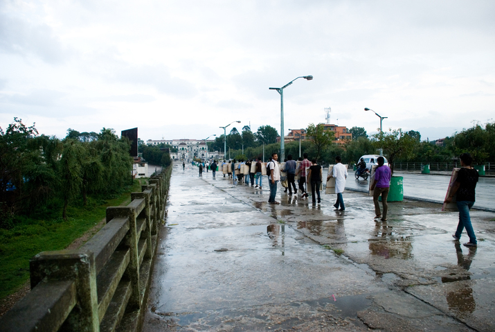 Walking on the Street (2007) was a performance and protest staged to demand the establishment of an MFA program in Nepal. HIT MAN GURUNG collaborated with 28 art students, who made art for one month in their studios, and then conducted marches on the streets of Kathmandu for five days. Courtesy the artist.