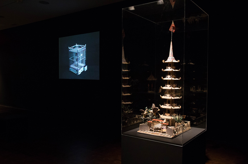 Installation view of Tower of Eternal Gratitude, 1994, rolled, cut and folded paper, papier-mâché, cardboard, glue and colored marker. Courtesy of Jeff and Cindy Lobach. Photo by Ya Yun Teng.