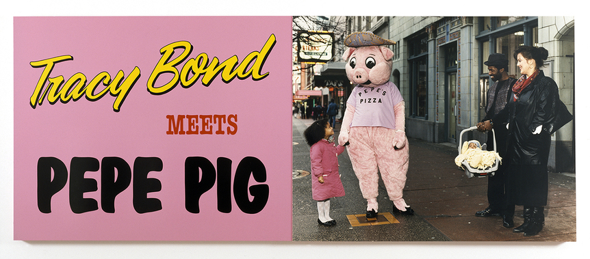 KEN LUM, Tracy Bond Meets Pepe Pig, 1990/2018, UV print and enamel on aluminum, 280 × 121 cm. Courtesy the artist.