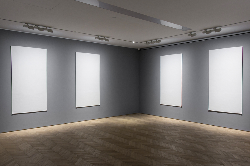 Installation view of LIU JIANHUA’s “Blank Paper” series, 2009–2016, porcelain, each 200 × 100 × 0.8 cm., at “To Be Done,” Pace, Hong Kong, 2015. Courtesy the artist.