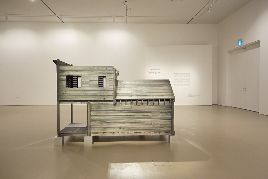 Installation view of SIAH ARMAJANI’s Tomb for Heidegger, 2012, mixed media, 175.2 × 142.2 × 254 cm, at "Spaces for the Public. Spaces for Democracy.” NTU Centre for Contemporary Art, Singapore, 2019.