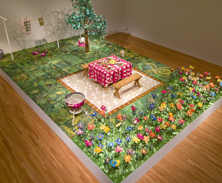 LIZA LOU, Backyard, 1991-1996, Glass beads, sequins, wood, wire, plaster, found objects, 670.5 × 731.5 cm. Installation view at “Kitchen and Backyard”, Santa Monica Museum of Art, Santa Monica,1998.