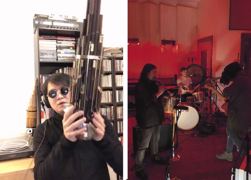 ZHANG MENG with his traditional Chinese sheng. GUO YAZHI in a live set with LIU YUCAO on the suona, a double-reed horn traditionally reserved for outdoor performances due to its loud piercing tones.