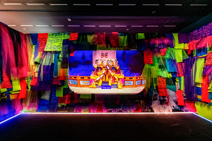 Installation view of SAMSON YOUNG’s The Immortals, 2020, video installation in temporary theater, dimensions variable, at "Unconstrained Textiles: Stitching Methods, Crossing Ideas,” CHAT, Hong Kong, 2020.