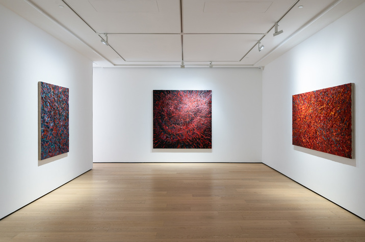 Installation view of REN SIHONG’s (from left to right) Heaven Lake, 2019, oil on canvas, 150 × 120 cm; Determination . Freedom – Reformation No.1, 2018, oil on canvas, 200.2 × 200.2 cm; and Determination . Freedom – Morality and Serendipity No.1, 2019, oil on canvas, 120.2 × 220.4 cm, at “Enlightenment,” Whitestone Gallery, Hong Kong, 2020.