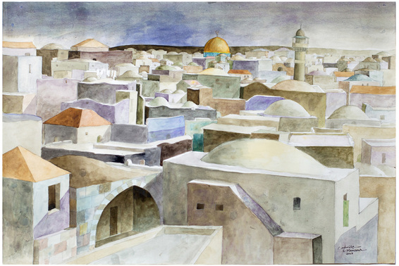 SLIMAN MANSOUR, Jerusalem Rooftops, 2007, watercolor on paper, 50 × 70 cm. Courtesy Zawyeh Gallery, Ramallah.